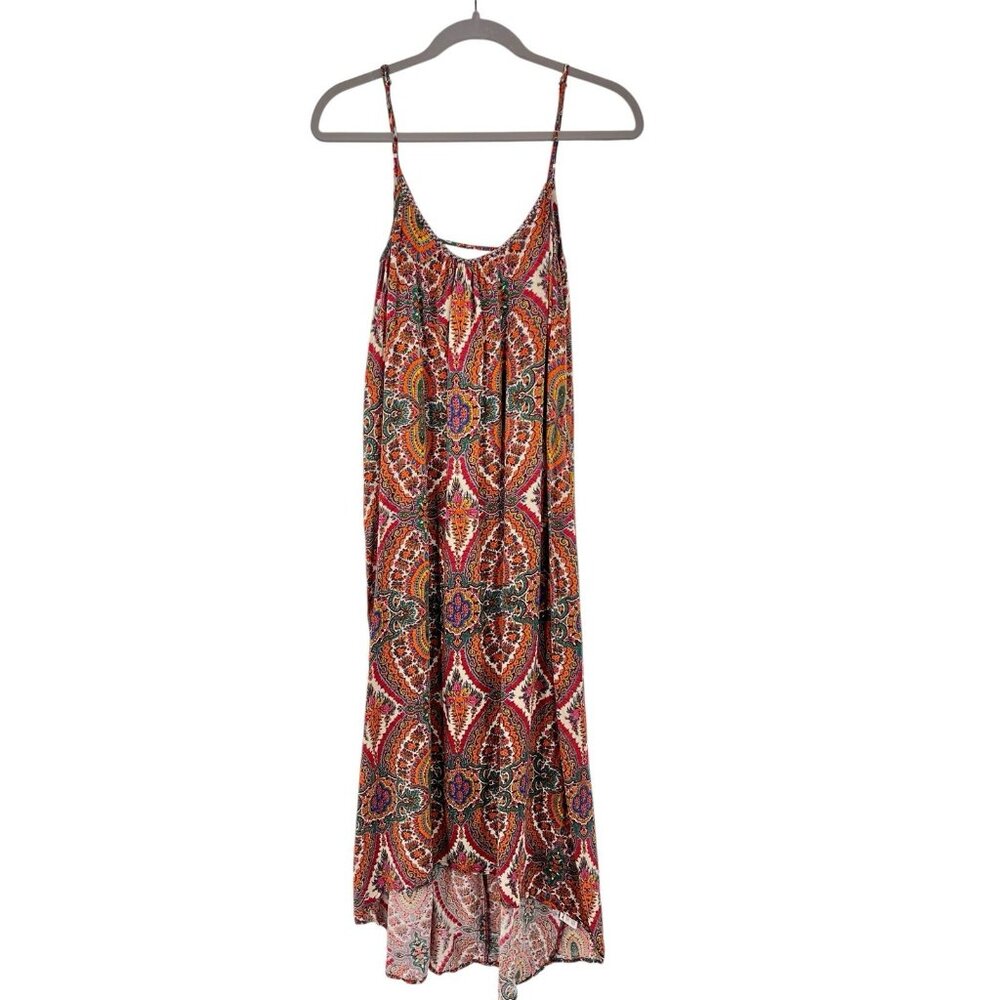 DEJAVU Women's Multicolor Geo Pattern Spaghetti Strap Beaded Neck Boho Dress